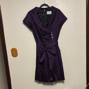 Julian Taylor Deep Purple Satin Tie-Waist Mini Dress, Lined